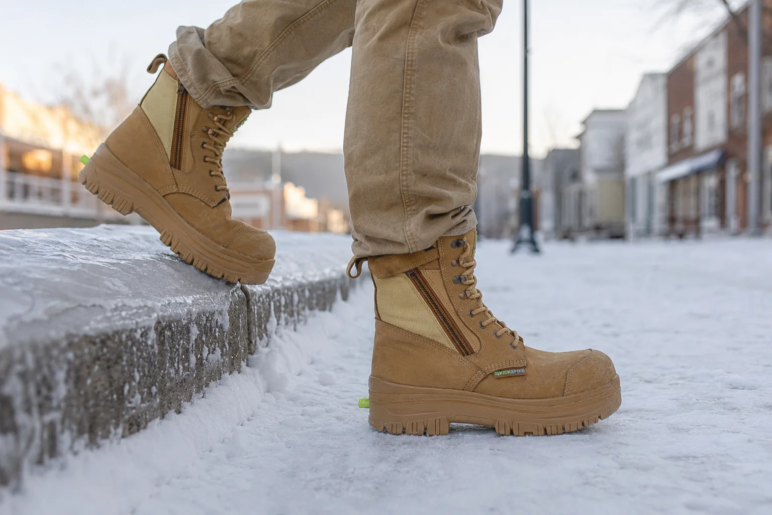 Stepping down from an iced kerb onto a snow-covered street in a small town, wearing GEN 3 boots