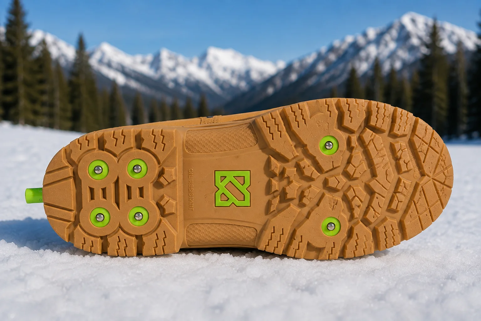 The GEN 3 outsole seen from below on snow: four spikes grouped at the heel, two more in the wide midfoot area, the Kickspike mark moulded into the arch