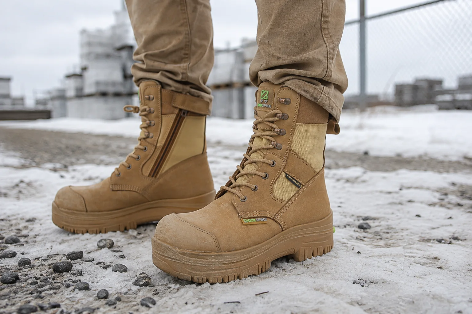 A worker standing on frozen gravel and packed snow in an industrial yard, wearing GEN 3 boots