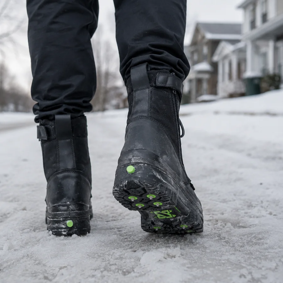 A worker mid-stride on an icy street, the lifted boot showing the metal spikes deployed through the outsole