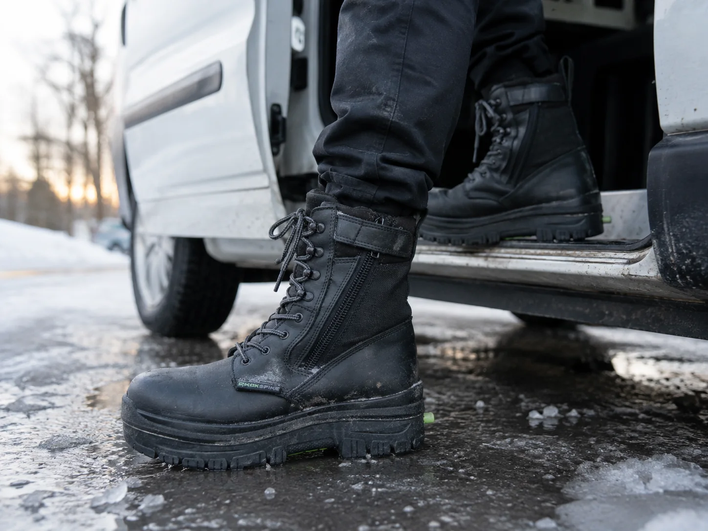 A delivery worker stepping down from a cargo van onto icy pavement at dawn