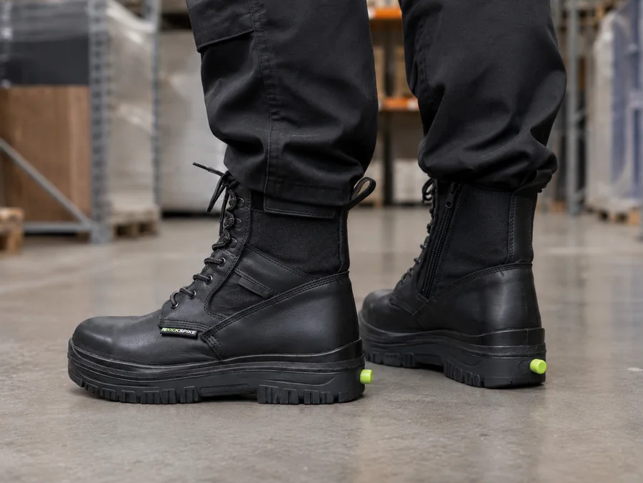 GEN 3 boots on a warehouse floor with spikes fully retracted and the green heel button visible